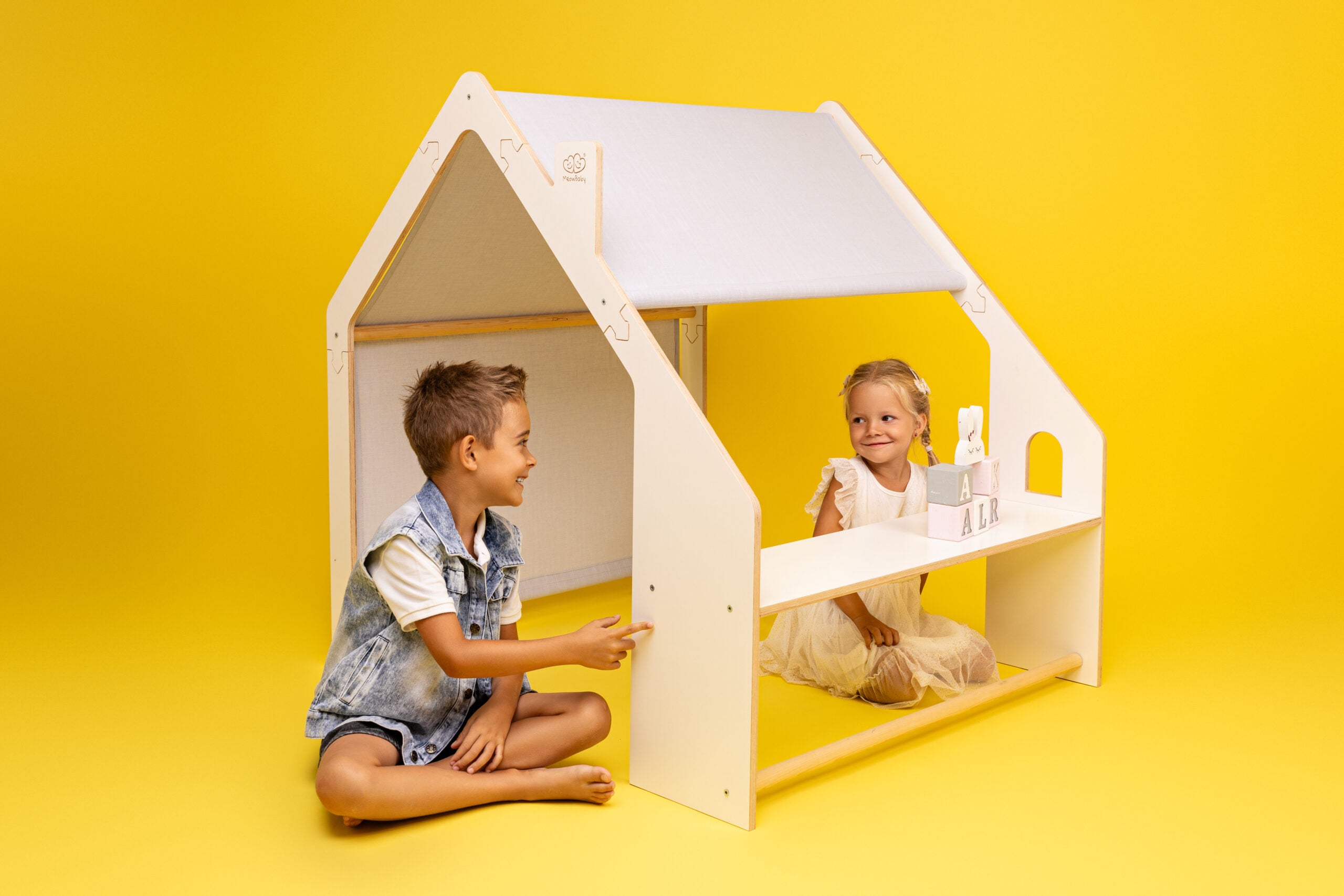 MeowBaby® Natural Wooden House for Kids - Blue Roof